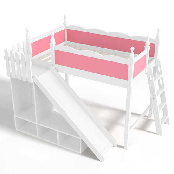 English Elm Twin Loft Bed Solid Pine Frame with Wardrobe Shelving Detachable Slide Kids Room Pink+White W5305S00016
