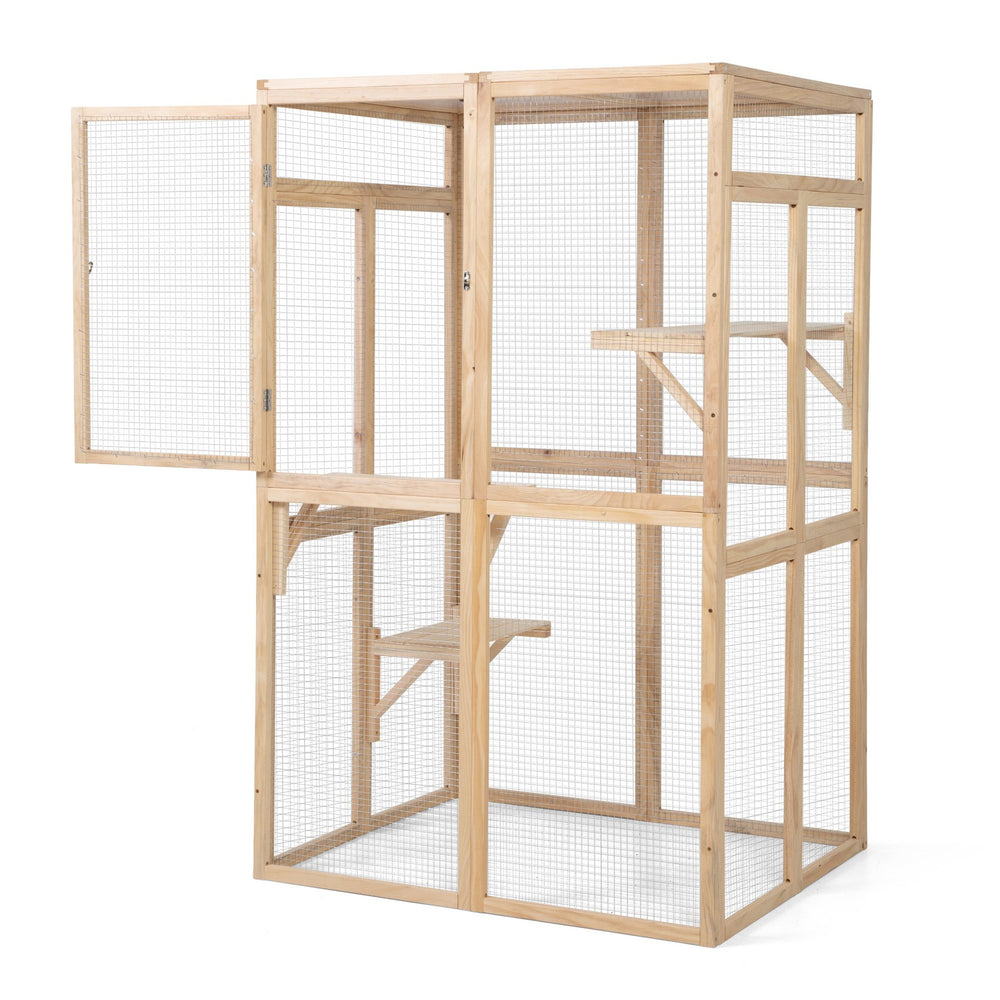 English Elm Wooden Pine Outdoor Cat Enclosure with Platforms Hammock and Uv Resistant Roof W2181P191345