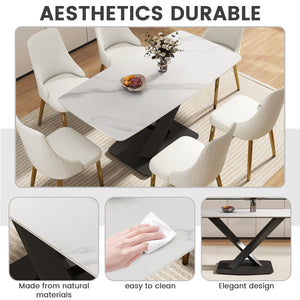 English Elm 63" Modern Sintered Stone Dining Table with Durable X-Leg Iron Base, Seats 6, 400 lb Capacity Antique White,Black W1535S00533