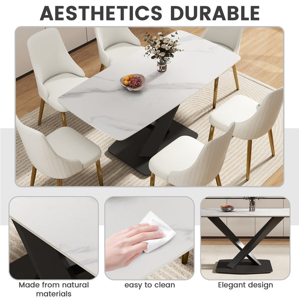 English Elm 63" Modern Sintered Stone Dining Table with Durable X-Leg Iron Base, Seats 6, 400 lb Capacity Antique White,Black W1535S00533