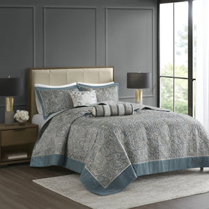 English Elm 5 Piece Jacquard Bedspread Set with Throw Pillows Queen Paisley Pattern Grey-Trimmed Quilted Luxury Teal 18.11 L x 22.83 W x 8.27 H B035P148360