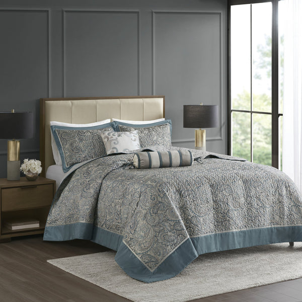 English Elm 5 Piece Jacquard Bedspread Set with Throw Pillows Queen Paisley Pattern Grey-Trimmed Quilted Luxury Teal 18.11 L x 22.83 W x 8.27 H B035P148360