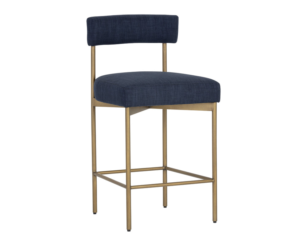 Sunpan Seneca Counter Stool - Modern Open Back Design with Stylish Steel Frame for Contemporary Spaces Antique Brass / Arena Navy