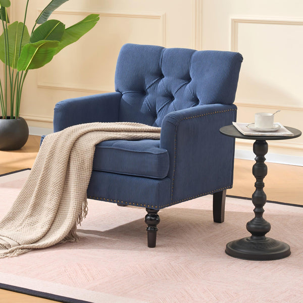 English Elm Tufted Button Corduroy Accent Chair Mid Century Studded Armchair for Living Room Blue W3523P387528
