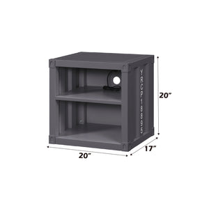 English Elm Cargo Gunmetal Industrial Nightstand with USB Ports, Metal Cargo Panel Design, 2 Open Shelves, 40lb Top B2726P287762