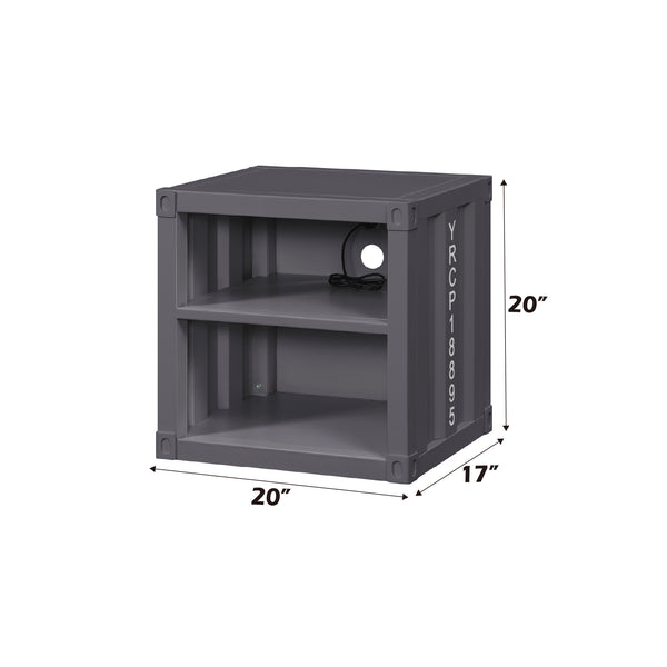 English Elm Cargo Gunmetal Industrial Nightstand with USB Ports, Metal Cargo Panel Design, 2 Open Shelves, 40lb Top B2726P287762