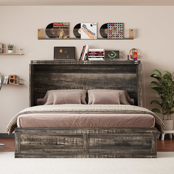 English Elm Queen Murphy Cabinet Bed Rustic Grey Farmhouse Style with Charging Station Storage W5271S00001