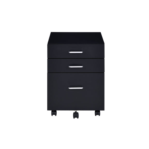 English Elm Tennos Black Chrome Finish Cabinet with 4-Tier Shelves, X-Frame, 3 Drawers & 5 Wheels for Modern Spaces B2726P277143
