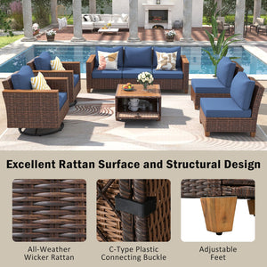 English Elm K&K 8-Piece Wicker Patio Set with 360° Swivel Rockers, Acacia Storage Table, Durable Cushions Blue+Brown N707S000016E