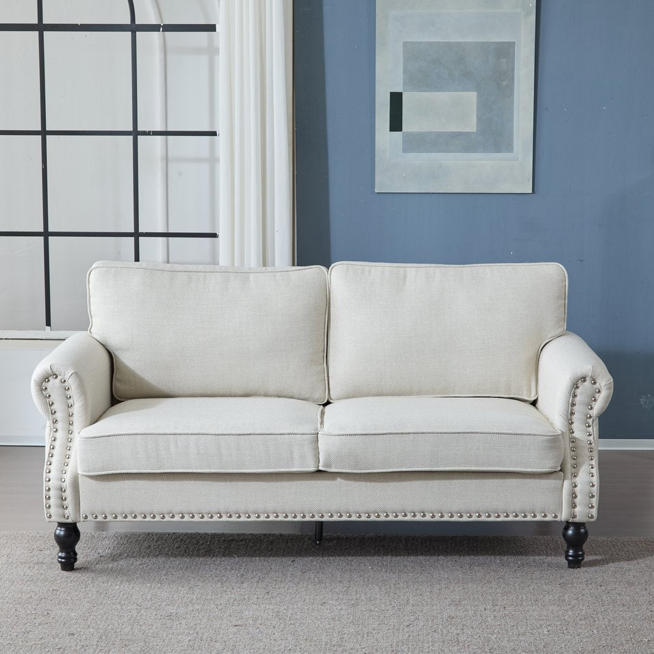 English Elm 68 Inch Faux Leather Two Seat Sofa with Brass Nailhead Trim and Rolled Arms W2911S00013