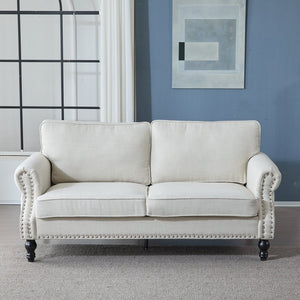 English Elm 68 Inch Faux Leather Two Seat Sofa with Brass Nailhead Trim and Rolled Arms W2911S00013