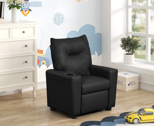 English Elm Evelyne Youth Pu Leather Recliner with Cupholder for Playroom or Bedroom Lounge Black B2749P413212