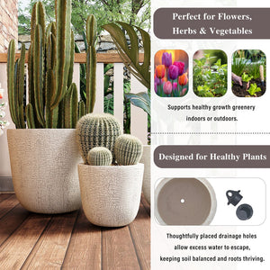 English Elm U_style Mgo Round Planters Set of Three Crackle Stone Texture Patio Garden Pots Beige N711P406660A