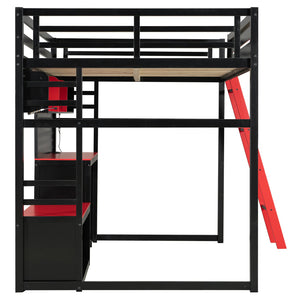 English Elm Full Size Gaming Loft Bed with Built-in Desk Led Lighting Usb Ports and Pegboard Black+Red LT000270AAR