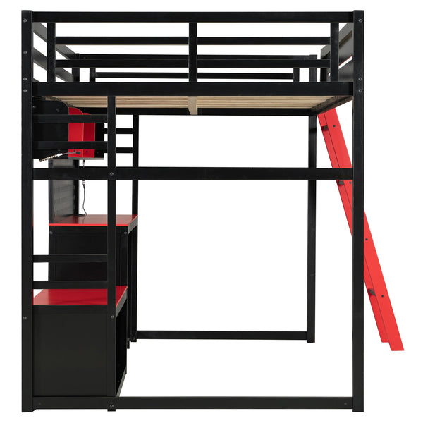 English Elm Full Size Gaming Loft Bed with Built-in Desk Led Lighting Usb Ports and Pegboard Black+Red LT000270AAR