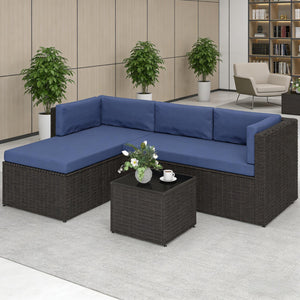 English Elm Comfortable Outdoor 3 Piece Pe Wicker Patio Set with Chaise Sofa and Glass Table Dark Brown,Navy Blue T3971S00210