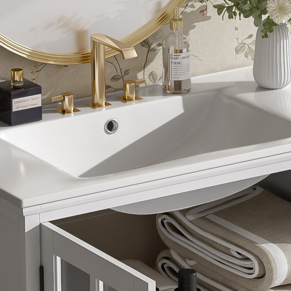 English Elm Christopher Knight Home® - 30" Modern Bathroom Vanity with Ceramic Sink, Tempered Blurred Glass Doors, Rubber Wood Frame Storage White N817P279904W
