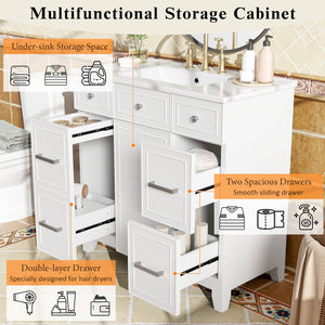 English Elm 36" 36-inch Transitional Bathroom Vanity with Ceramic Basin, Solid Wood Frame, Soft-Close Storage Elegance White N729P255663K