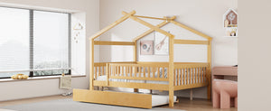 English Elm Full Size Pine House Bed with Roofline Frame and Roll Out Twin Trundle for Kids Natural LP100306AAN