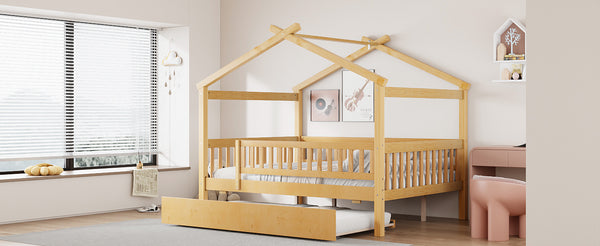 English Elm Full Size Pine House Bed with Roofline Frame and Roll Out Twin Trundle for Kids Natural LP100306AAN