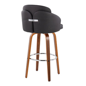 English Elm Fixed-height Mid-century Barstools with Walnut Legs and Grey Upholstered Seats Set Black B202S01901