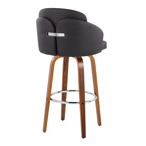 English Elm Fixed-height Mid-century Barstools with Walnut Legs and Grey Upholstered Seats Set Black B202S01901