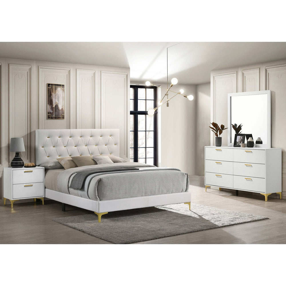 English Elm James White Glam 4-Piece Queen Bedroom Set with Tufted White Leatherette & Gold Accents, Modern Retreat B062S01375