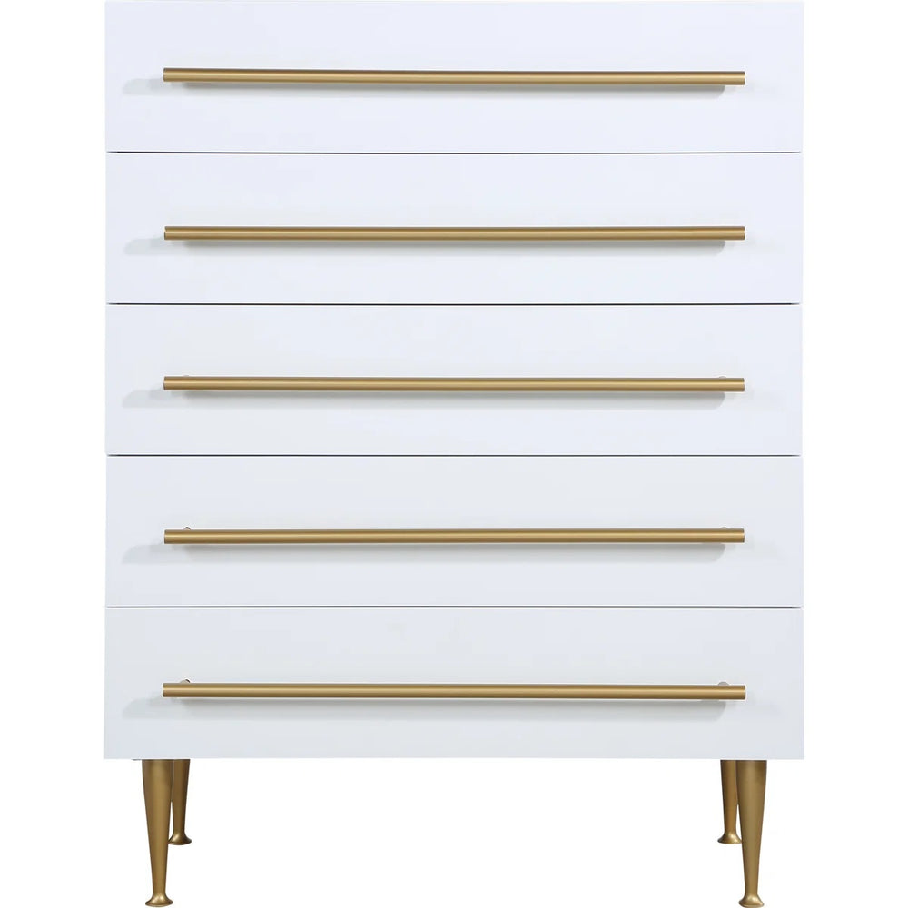 English Elm Contemporary 5-Drawer Chest with Brushed Gold Legs and Handle, Durable Wood Construction, Sleek Bedroom Storage White 39 L x 21 W x 43 H B011P353752