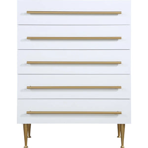 English Elm Contemporary 5-Drawer Chest with Brushed Gold Legs and Handle, Durable Wood Construction, Sleek Bedroom Storage White 39 L x 21 W x 43 H B011P353752