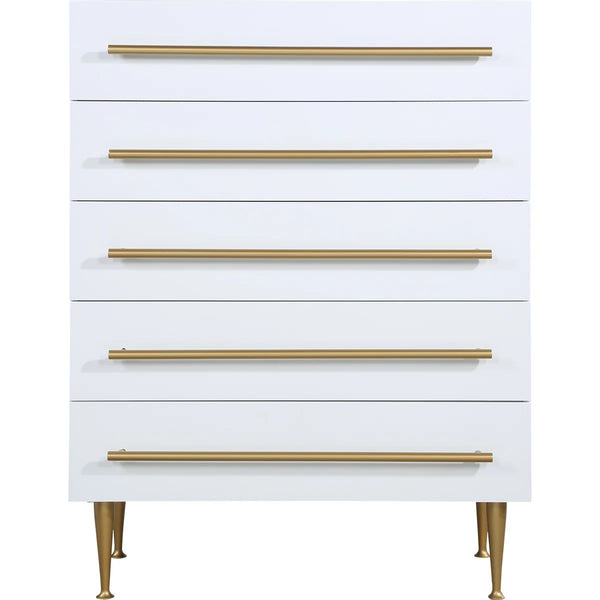 English Elm Contemporary 5-Drawer Chest with Brushed Gold Legs and Handle, Durable Wood Construction, Sleek Bedroom Storage White 39 L x 21 W x 43 H B011P353752