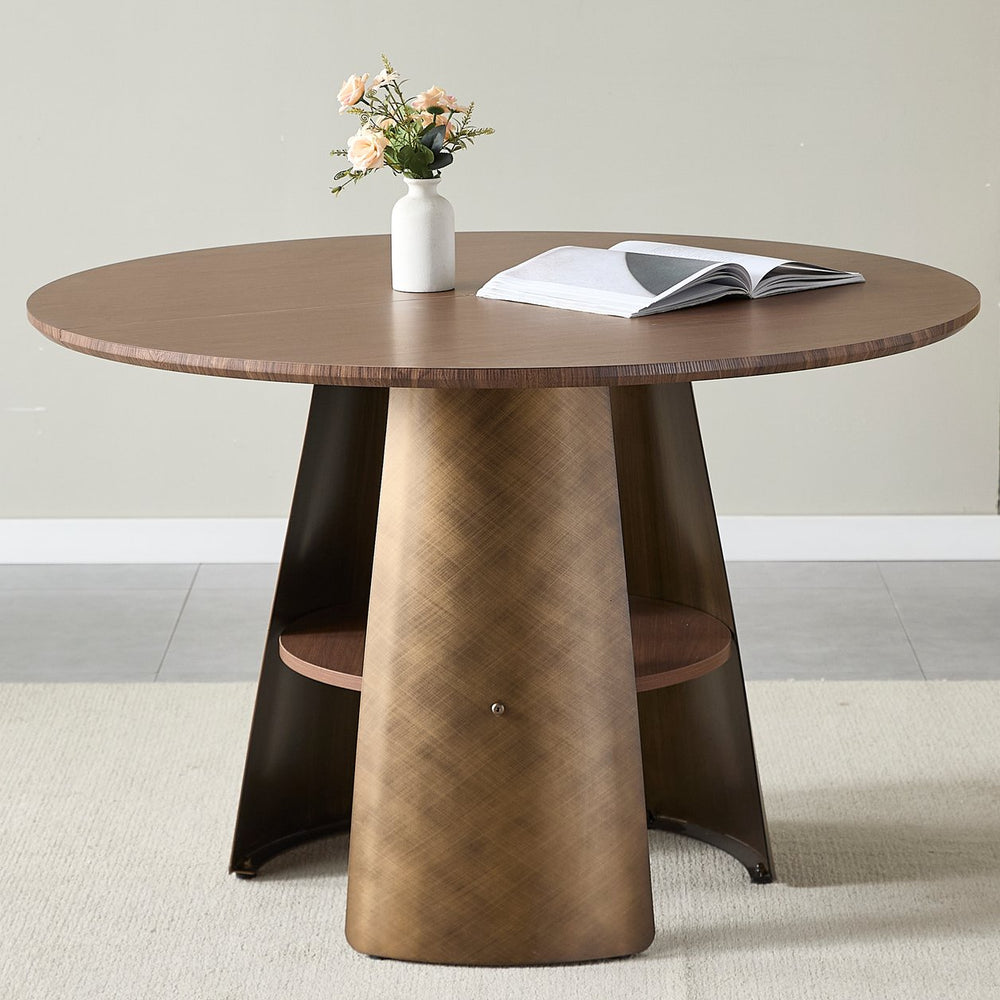 English Elm 47.25 Inch Round Dining Table Walnut Mdf Top Bronze Metal Frame Seats Six W3357S00001