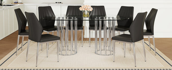English Elm Table and Chair Set Oval Tempered Glass Top 9 Piece Modern Dining with Pu Seats Black,Silver,Transparent W1151S04741
