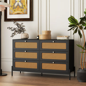 English Elm Rattan 6-Drawer Dresser with Rattan Doors & Gold Handles, Water-Resistant MDF, Spacious Storage W1321132577
