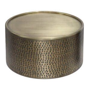 English Elm Corbin Hammered Iron Drum Coffee Table Antique Gold Finish for Modern Living Rooms B136P429083