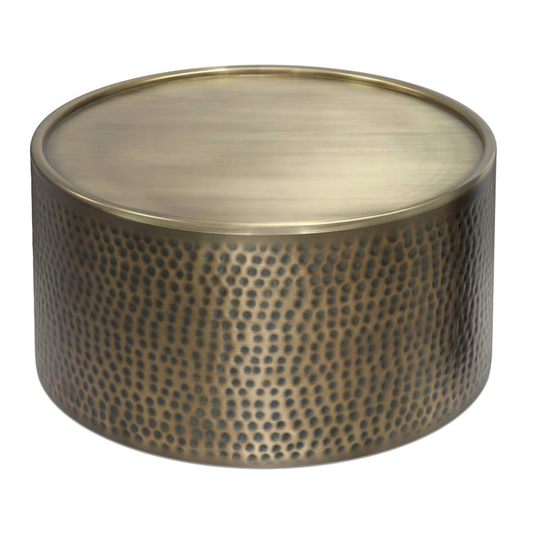 English Elm Corbin Hammered Iron Drum Coffee Table Antique Gold Finish for Modern Living Rooms B136P429083