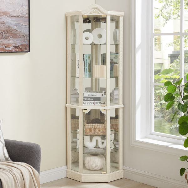 English Elm Lighted Corner Curio Cabinet With Adjustable Shelves, Elegant Carved Design & Integrated Lighting - White W1758P300128