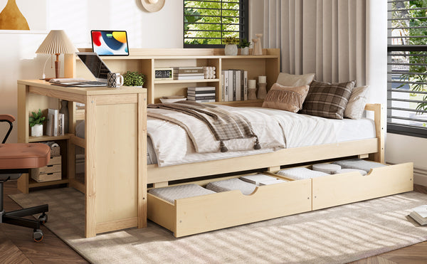 English Elm Twin Corner Daybed Pine Frame Built in Desk Bookcase Drawers Charging Kids Room Natural W697S00042