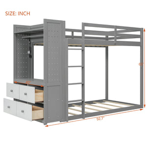 English Elm Twin Bunk Bed with Storage Drawers Hanging Rail Led Shelves and Pegboard Organizer Gray LT000282AAE