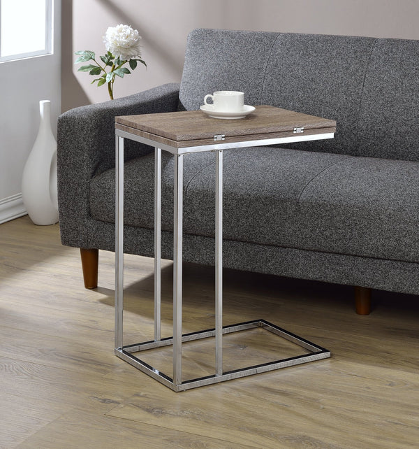 English Elm Danson Driftwood Oak Accent Table with Folding Swivel Extension, Chrome Geometric Base, 24" Versatile B2726P256192