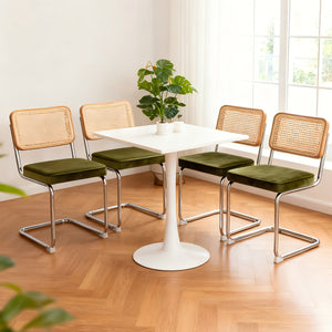 English Elm Dining Chairs Set of 4 Velvet Seat Woven Rattan Back Chrome Cantilever Frame W2105S00009