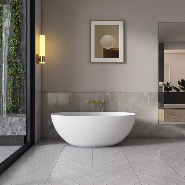 English Elm 61 Inch Stone Resin Freestanding Bathtub Matte White Sculptural Soaking Spa Design W1613P368241