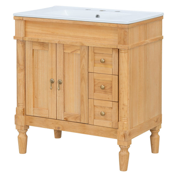 English Elm 30-inch Freestanding Bathroom Vanity Solid Wood Base Ceramic Sink Gold Hardware N729P299368N