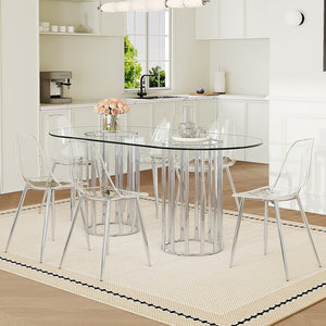 English Elm Table Oval Tempered Glass 7-piece Dining Set with Six Clear Chairs Silver Base W1151S04746