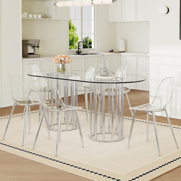 English Elm Table Oval Tempered Glass 7-piece Dining Set with Six Clear Chairs Silver Base W1151S04746