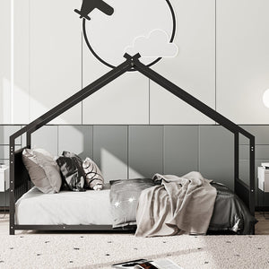 English Elm Twin House Bed Frame with Led Lights Iron Slats Low Profile Kids Bedroom W1820P234194