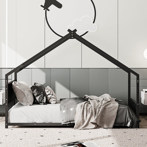 English Elm Twin House Bed Frame with Led Lights Iron Slats Low Profile Kids Bedroom W1820P234194