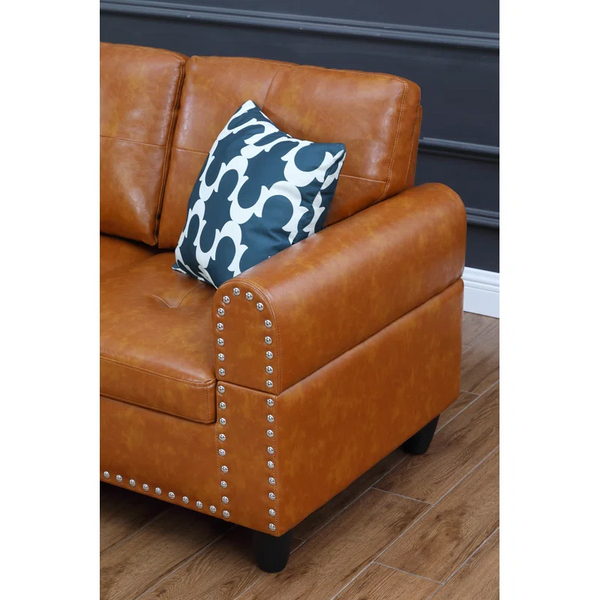 English Elm Black Faux Leather L Shaped Sectional with Cup Holders Nailhead Trim Storage Ginger B2730S00027