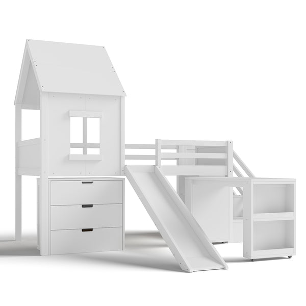 English Elm Full Size Metal Loft Bed with Stair Storage Shelves Bookshelf for Dorms Bedroom W1580S00395