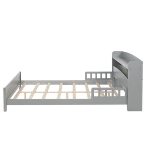 English Elm Full Pine Wood Bed with Bookcase Headboard and LED Motion Sensor Light, Guardrails & Storage Space Grey W504P277598