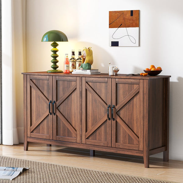 English Elm Cabinet Modern 4-Door Sideboard with 4 Open Shelves, 59" Freestanding Storage Console for Home Decor W331P266133